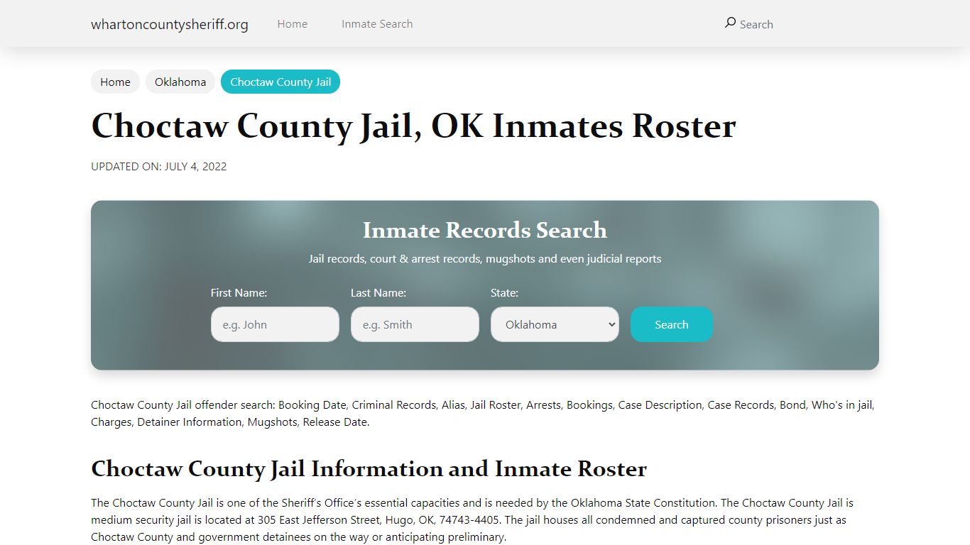 Choctaw County Jail, OK Jail Roster, Name Search